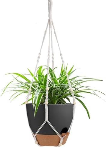 Vanslogreen 41.5 Inch Macrame Plant Hanger Indoor Outdoor with 12 Inch Flower Pot, Hanging Planter for Plants Holder with Wood Beads for Boho Home Decor (Ivory+Black) by Vanslogreen