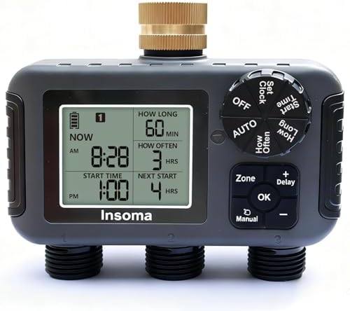 Insoma 3-Zone Sprinkler Timer with Brass Inlet + IPX5 Waterproof | Programmable Auto/Manual Irrigation Mode with Rain Delay & Large LCD | Water Hose Timer 3 Outlets for Garden, Lawn, Yard, Pool by Insoma