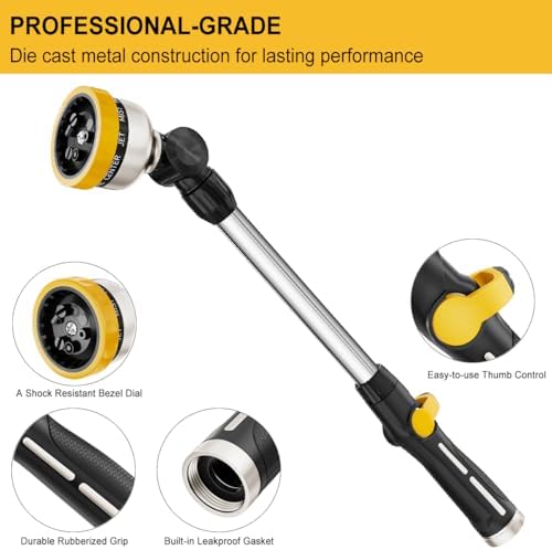 FANHAO 16-Inch Metal Watering Wand, Heavy Duty Garden Hose Wand with 9 Spray Patterns, 180° Rotating Long Hose Nozzle Sprayer Thumb Flow Control, Ideal to Water Hanging Baskets and Shrubs - Yellow - Image 3