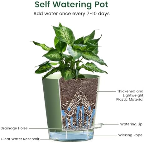 Meowell 7 inch Self Watering Pots for Indoor Plants, 5 Pack Plant Pots with Drainage Holes & Clear Reservoir for Visible Water Level, Plastic Wicking Planter Pots for House Plants and Flower, Green - Image 4