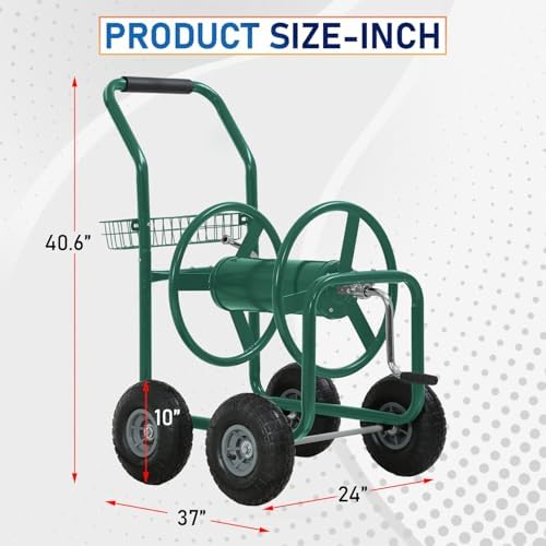 FDW Garden Hose Reel Cart, Water Hose Cart with 4 Wheels, Hold Up to 300 ft of 5/8’’ Hose，Heavy Duty Powder-Coated Steel Planting with Storage Basket, for Garden, Yard and Lawn - Image 6