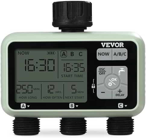 VEVOR Water Timer, 3 Outlets, Hose Watering Sprinkler Timer, with 3 Independent Watering Zone LCD Display Rain Delay Mode Manual Mode 360° Brass Inlet Metal Filter, IPX6 Waterproof for Yard Watering by VEVOR
