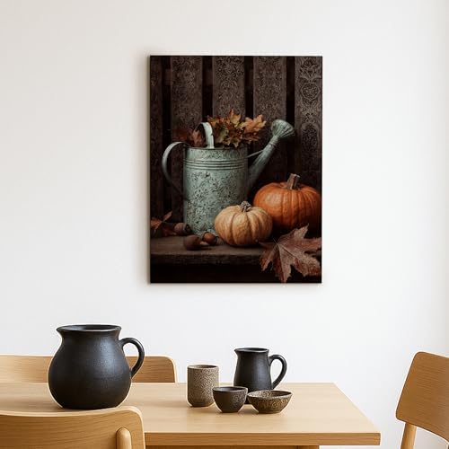 Autumn Harvest Wall Art, Vintage Copper Watering Can Decor, Fall Leaves and Pumpkins Home Aesthetic Print for Living Room, Kitchen, Seasonal Decor 16x20 Inch - Image 2