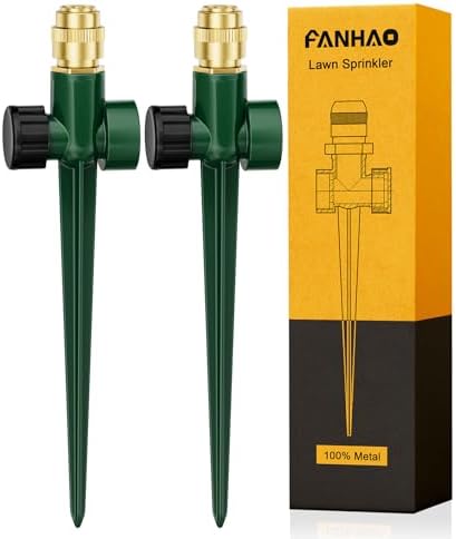 FANHAO 2 Pack Metal Lawn Sprinkler for Yard, Automatic Garden Water Sprinkler on Spike Base, Adjustable Irrigation System 360 Degree Large Area Coverage for Lawn Grass Patio Garden Irrigation by FANHAO