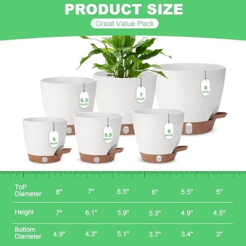 Self Watering Planter with Visual Water Level, 6Pack Small Plastic Pot Set with Drainage Holes and Reservoir Saucers, Modern 8+7+6.5+6+5.5+5 Inch Bottom Watering Flower Pots for Indoor Plant - White - Image 2