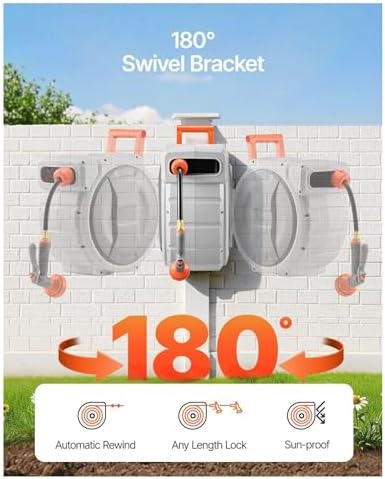 Retractable Garden Hose Reel 84ft 1/2 Inch Wall Mounted, Heavy Duty Garden Hose with 9-Pattern Nozzle, Slow Rewind System, 180° Swivel - Image 5