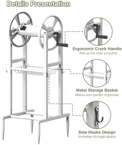 Freestanding Garden Hose Reel holds 125ft Hose of 5/8" with 4 Hooks, 4-Spike Outdoor Hose Holder with 3.9ft Leader Hose & Brass Fitting, Detachable Metal Hose Stand with Storage Rack, White - Image 5