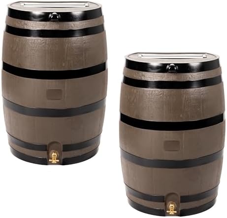 RTS Home Accents 50-Gallon Rain Barrel with Link Kit, Flat Back Rain Water Collection Barrel, Link Kit Included, Woodgrain with Black Stripes (2 Pack) by RTSCompaniesInc