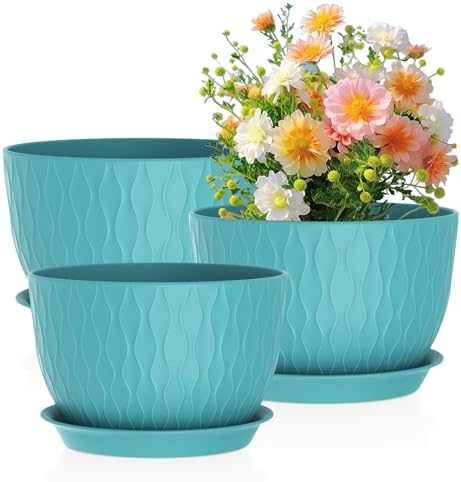 Meowell Large Plant Pots 12/10/9 inch, 3 Pack Big Flower Pots for Outdoor Indoor Plants with Water Ripples, Wide Plastic Planters with Drainage Holes and Saucers for Garden Home Decor, Blue Green by Meowell