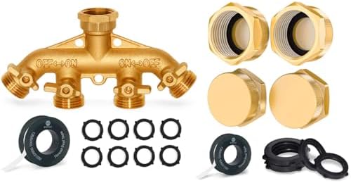 Morvat Heavy Duty Brass Garden Hose 4 Way Splitter with Comfort Grip ON/OFF Valves, Includes Mounting Kit PLUS 4 Pack Brass Garden Hose Cap Plug, 3/4" Threading, Includes 8 Extra Rubber Washers & Tape by Morvat