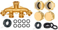 Morvat Heavy Duty Brass Garden Hose 4 Way Splitter with Comfort Grip ON/OFF Valves, Includes Mounting Kit PLUS 4 Pack Brass Garden Hose Cap Plug, 3/4" Threading, Includes 8 Extra Rubber Washers & Tape by Morvat