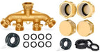 Morvat Heavy Duty Brass Garden Hose 4 Way Splitter with Comfort Grip ON/OFF Valves, Includes Mounting Kit PLUS 4 Pack Brass Garden Hose Cap Plug, 3/4" Threading, Includes 8 Extra Rubber Washers & Tape by Morvat
