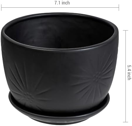 MyGift 7 Inch Black Ceramic Sunburst Planter Pot with Attached Saucer - Image 6