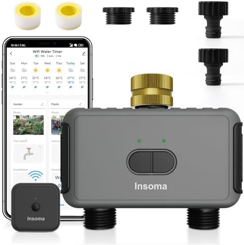 WiFi Hose Timer with Brass Inlet, 2-Zone Sprinkler Timer for Irrigation by Insoma