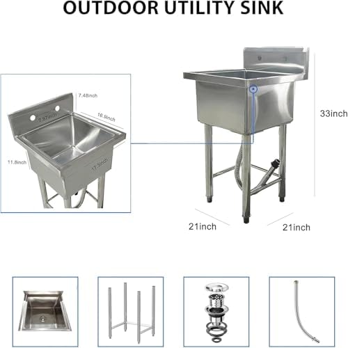 21"x21"x33" Stainless Steel Utility Sink, Freestanding Single Bowl Commercial Sink for Restaurant, Laundry Room, Bathroom, Garage, Garden - Image 2