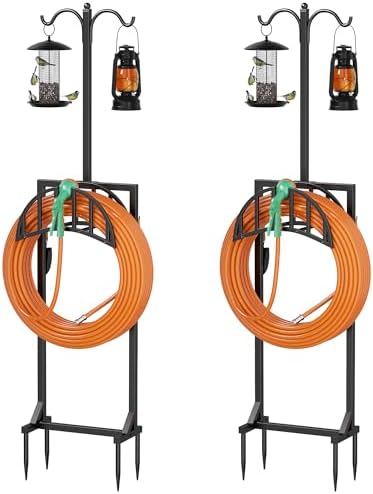 2 Pack Garden Hose Holder, Water Hose Stand for Outside with 4 Stake and 2 Shepherds Hooks, Freestanding Hose Storage Holds 150Ft, Heavy-Duty Metal Hose Hanger Rack for Yard, Lawn, Farm by YFFSRJDJ