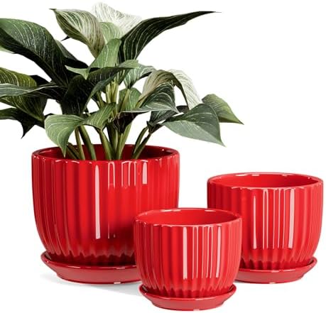 Ceramic Plant Pots Set of 3-Red Flower Pots with Drainage Holes and Saucers by TonSin