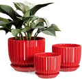 Ceramic Plant Pots Set of 3-Red Flower Pots with Drainage Holes and Saucers by TonSin