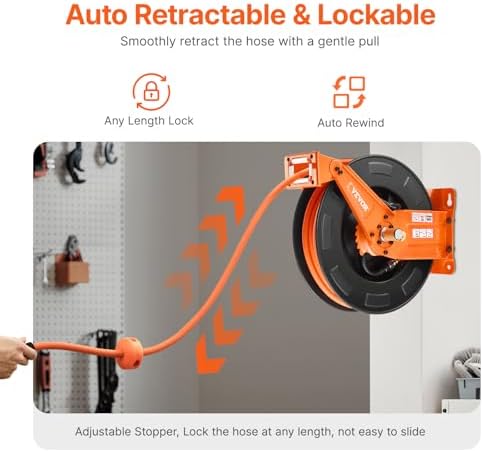 VEVOR Retractable Air Hose Reel with Double Arms, 3/8 IN x 65FT Hybrid Air Hose Max 300PSI, Air Compressor Hose Reel with 5FT Lead in, Ceiling/Wall Mount Heavy Duty Steel Reel for Workshop Garage - Image 3