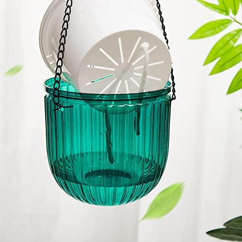 Meanplan 4 Pcs Self Watering Hanging Planter Indoor 6.5 Inch Hanging Baskets for Plants Outdoor Plastic Flower Pot with 3 Hooks Chains Drainage Holes for Garden Home, Medium Size(Emerald, Gray) - Image 5