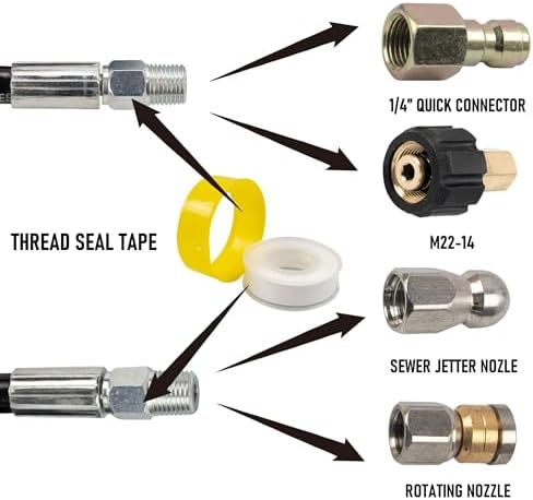 Hourleey Sewer Jetter Kit for Pressure Washer 200FT, Drain Cleaner Hose 1/4 Inch NPT, Orifice 4.0 Button Nose and Rotating Sewer Jetting Nozzle Spanner Tape Pearl Corsage Pin, 4000 PSI - Image 4