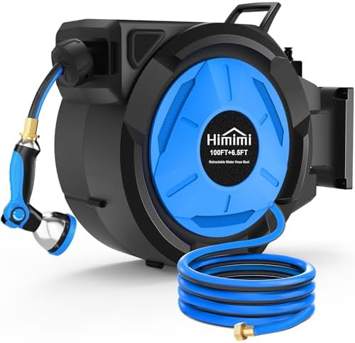 Himimi Retractable Garden Hose Reel 100 ft + 6.6 ft, 1/2 in Wall Mounted Heavy Duty Water Hose Reel with 10-Pattern Nozzle, Upgraded Slow Auto Rewind, Any Length Lock, 180° Swivel Mount by Himimi