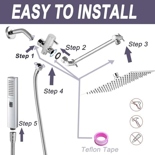 10" High Pressure Square Rainfall Shower Head and 2-in-1 Hand Shower, Equipped with 78"Hose,3 Way Diverter Valve, Adhesive Shower Head Holder (AWAXFOLO Chrome Square Shower Head Set) - Image 3
