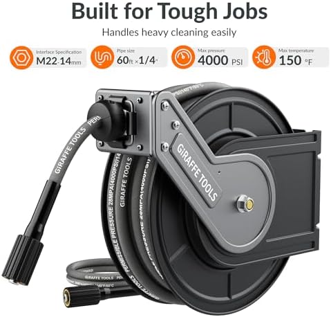 Giraffe Tools Pressure Washer Hose Reel with 60ft Pressure Hose, 4000PSI - Image 3