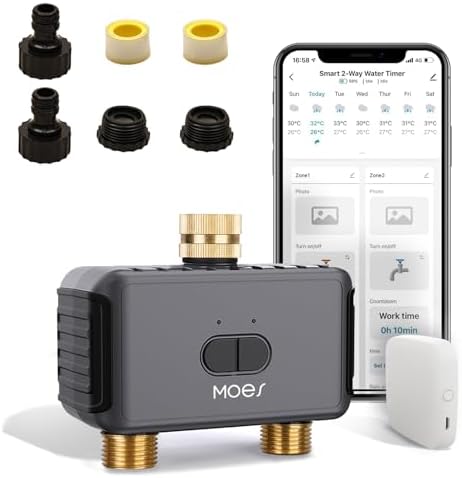 MOES WiFi Water Timer 2 Zone with BLE Hub, Brass Inlet & Outlet, Grey by MOES