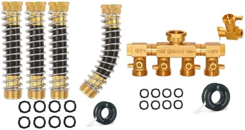 Morvat Heavy Duty Brass 4 Way Splitter with Rotating Arms & ON/OFF Valves, Includes Mount Kit PLUS 4 Pack Brass Garden Hose Kink Protector, Standard 3/4'' Threading, Includes 8 Rubber Washers and Tape by Morvat