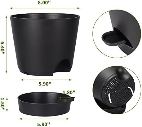 8 Inch Self Watering pots for Indoor, 6 Pack Plastic Plant Pots with Drainage Holes, Black - Image 4