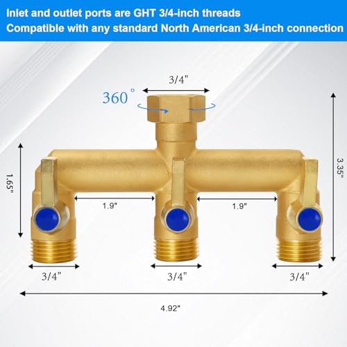 Brass Garden Hose Splitter, 3 Way Hose Splitter, Outdoor Hose Splitter, GHT 3/4 In. Female Inlet And 3 Way 3/4 In, (Increase Flow Style) - Image 4