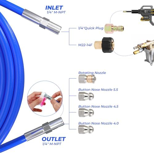 Sewer Jetter Kit for Pressure Washer, 150FT High Pressure Water Hose with 1/4 Inch NPT, 5800PSI Drain Cleaner Hose, Orifice 4.0, 4.5, 5.5 Button Nose and Rotating Sewer Jetting Nozzle - Image 3