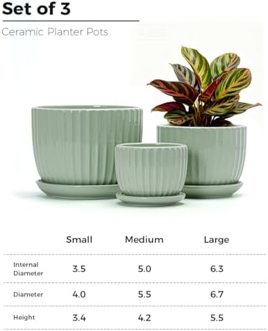 Flower Pots,Ceramic Plant Pots with Drainage Holes Set of 3（Light Green） - Image 2