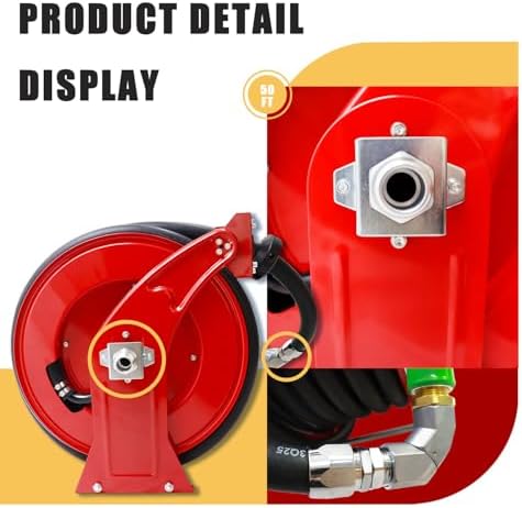 Fuel Hose Reel,Ratchet Spring-Driven Retractable 1"x 50' Diesel Hose Reel W/Swivel, AUTO Fuel Nozzle,SS Eblow Barb Fitting,300 PSI,1"NPT Inlet,1" Outlet Heavy Duty Steel Construction - Image 5