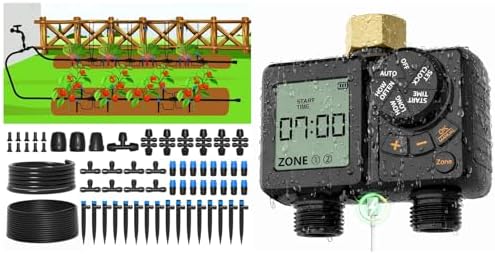 MIXC 230FT Quick-Connect Drip Irrigation System Kit + MIXC Rechargeable 2-Zone Water Timer by MIXC
