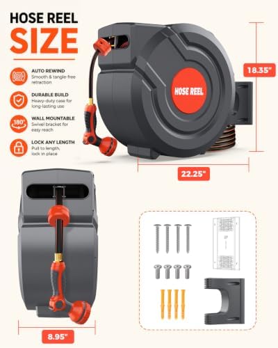 Retractable Garden Hose Reel 130 FT 1/2 Inch 180° Swivel Automatic Slow Return Any Length Lock Hose Reels for Outside 9 Pattern Sprayer Nozzle UV Resistant - Image 2