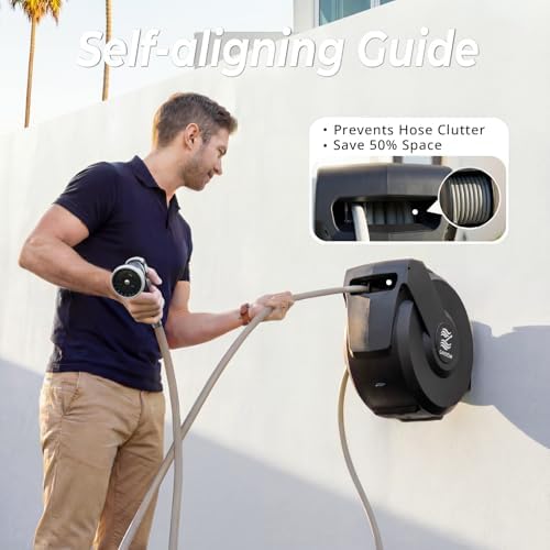 Retractable Garden Hose Reel, 5/8 in x 100ft, Heavy-Duty Aluminum Mount, Auto Rewind, Slow Retract, 180° Swivel, Any Length Lock, 10-Pattern Nozzle - Image 3