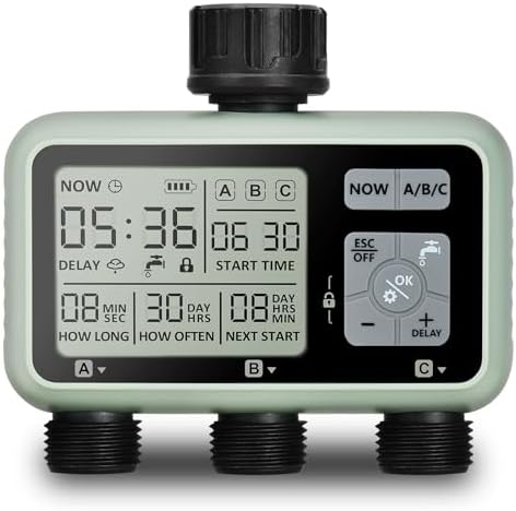 Watering Timer 3 Zone, Sprinkler Timer, Programmable Garden Outdoor Hose Faucet Timer with Rain Delay, Auto & Manual Watering System,Water Hose Irrigation Timers 3 Outlet for Garden Lawn by Johgee
