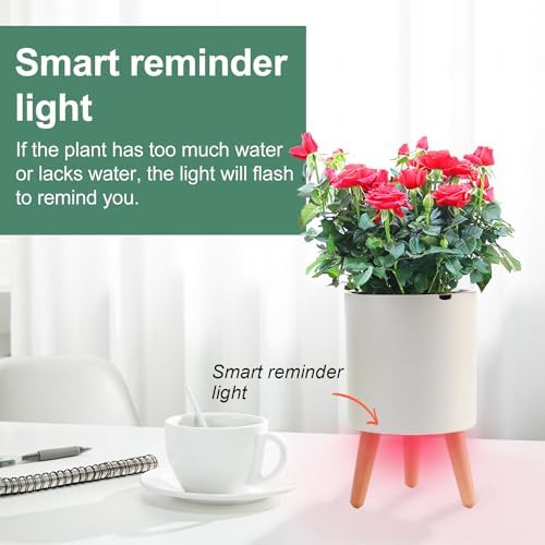 Oliz 7.8 Inch Planter Pot with Solid Wood Legs, Self Watering Planter Pots with Water Shortage Alarm Planter Pot for Indoor Outdoor Modern Flower Planter for Home & Garden(White) - Image 3