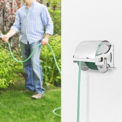 Wall Mount Garden Hose Reel, Heavy Duty Stainless Steel Metal Hose Reel with 360° Rotating Handle & Nozzle, Space-Saving Wall-Mounted Hose Holder for Outdoor Watering, Holds 164ft Hose, Silver - Image 5