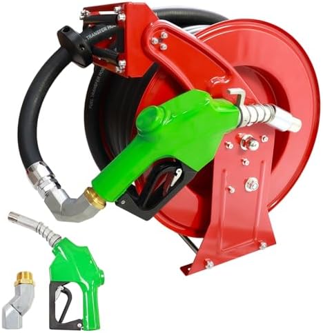 Fuel Hose Reel,Ratchet Spring-Driven Retractable 1"x 50' Diesel Hose Reel W/Swivel, AUTO Fuel Nozzle,SS Eblow Barb Fitting,300 PSI,1"NPT Inlet,1" Outlet Heavy Duty Steel Construction by Unknown