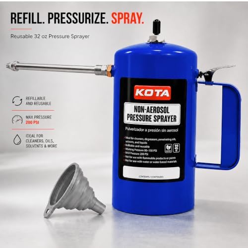 LAUCO Non Aerosol Pressure Sprayer with Funnel and Extension, Refillable Pressurized Sprayer Bottle for Oil, Solvent, Degreasers, Lubricants - Rechargeable Steel Canister and Brass Nozzles, 32oz 69532 - Image 7