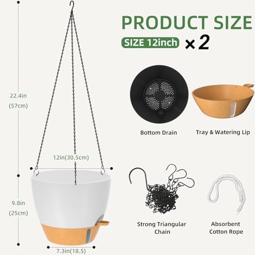 ZMTECH 12 Inch Hanging Planters for Indoor Outdoor Plants, 2 Pack Self Watering Hanging Plant Pots with Drainage Hole, Visual Reservoir, Plastic Flower Hanging Pots with Watering Lip (White) - Image 2