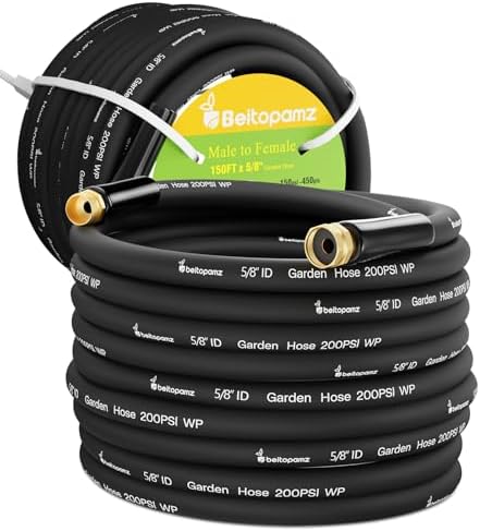 Beitopamz 150 ft Garden Hose, 5/8 in Heavy Duty Water Hose, Flexible and Durable, Lightweight Rubber Hybrid Hose, Leak-Free Connections, Male to Female 3/4'' Brass Fittings for Patio, Lawn, Black by BeitopamzGardenHose