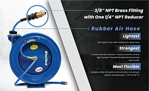 BLUBIRD BBRHD3850 18ga. Retractable Hose Reel with 3/8" X 50' Air Hose, 12 Point Ratcheting Gear, Next-Gen Rubber, Lightest, Strongest, Most Flexible, 300 PSI, -50F to 190F Degrees, Polyester Braided - Image 6