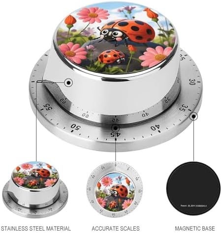 Mechanical Kitchen Timers for Cooking,Cartoon Ladybug Flower Printed 60 Minute Magnetic Countdown Timer,Cute Cooking Timers with Alarm,Stainless Steel Time Timer Manual No Batteries Required - Image 3
