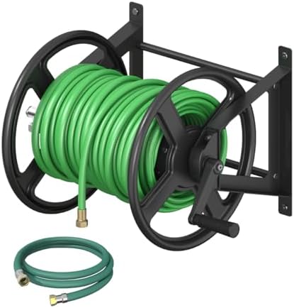 Garden Hose Reel Wall Mounted, Heavy-Duty Water Hose Holder Winder with 3.9 ft Leader Hose & Brass Fitting, Hose Hanger Storage Rack Holds 125-Feet of, 5/8-Inch, for Yard Lawn Farm, Black by Ansionsol