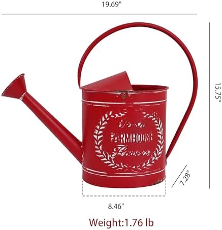 Vintage Metal Watering Can with Fresh Farmhouse Flowers Emboss Garden Distressed Red Decorative Watering Pot Farmhouse Waterer for Home Garden Balcony Courtyard Christmas Decor (Red) - Image 2