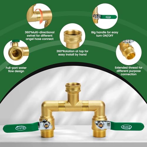 2 Way Heavy Duty Brass Garden Hose Splitter, 360° Rotatable Y Valve, Full Flow Large Ball Valve, Long Handle, Thickened Solid Brass, 3/4" GHT Thread for Outdoor Faucet, Lawn Irrigation, Car Wash - Image 3